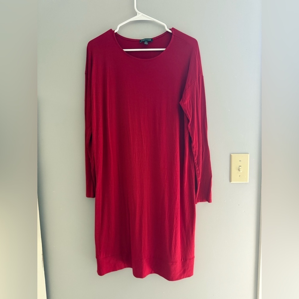 Eileen Fisher Womens Red Viscose Jersey Long Sleeve Shift Dress SX SM Stretch - Picture 1 of 8